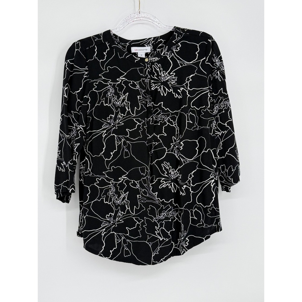 Liz Claiborne Womens Black White Floral Outline 3/4 Sleeve Rayon Blouse Sz M